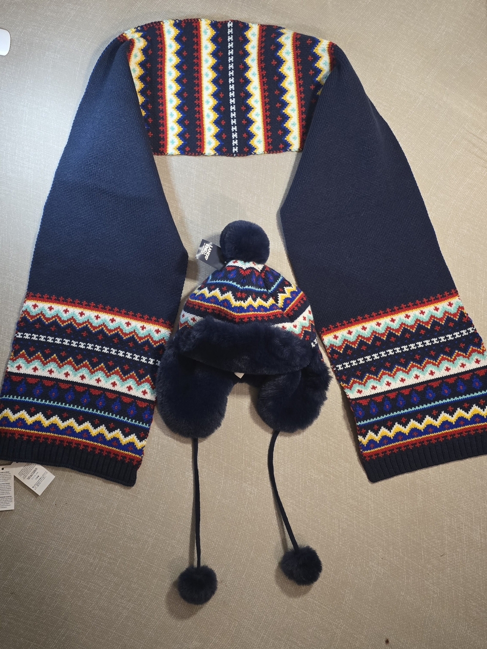 Lands’ End Faux Fur Fair Isle Winter Trapper Hat & Scarf Navy/Mint - NWT